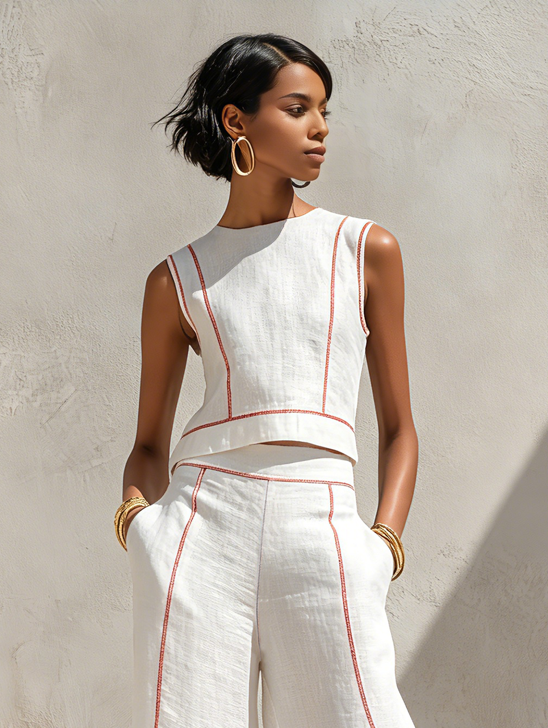 Faustine - Ensemble Blouse Minimaliste en Mélange de Lin à Coutures Contrastées & Pantalon à Jambes Larges
