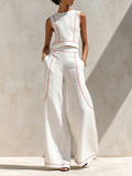 Faustine - Ensemble Blouse Minimaliste en Mélange de Lin à Coutures Contrastées & Pantalon à Jambes Larges