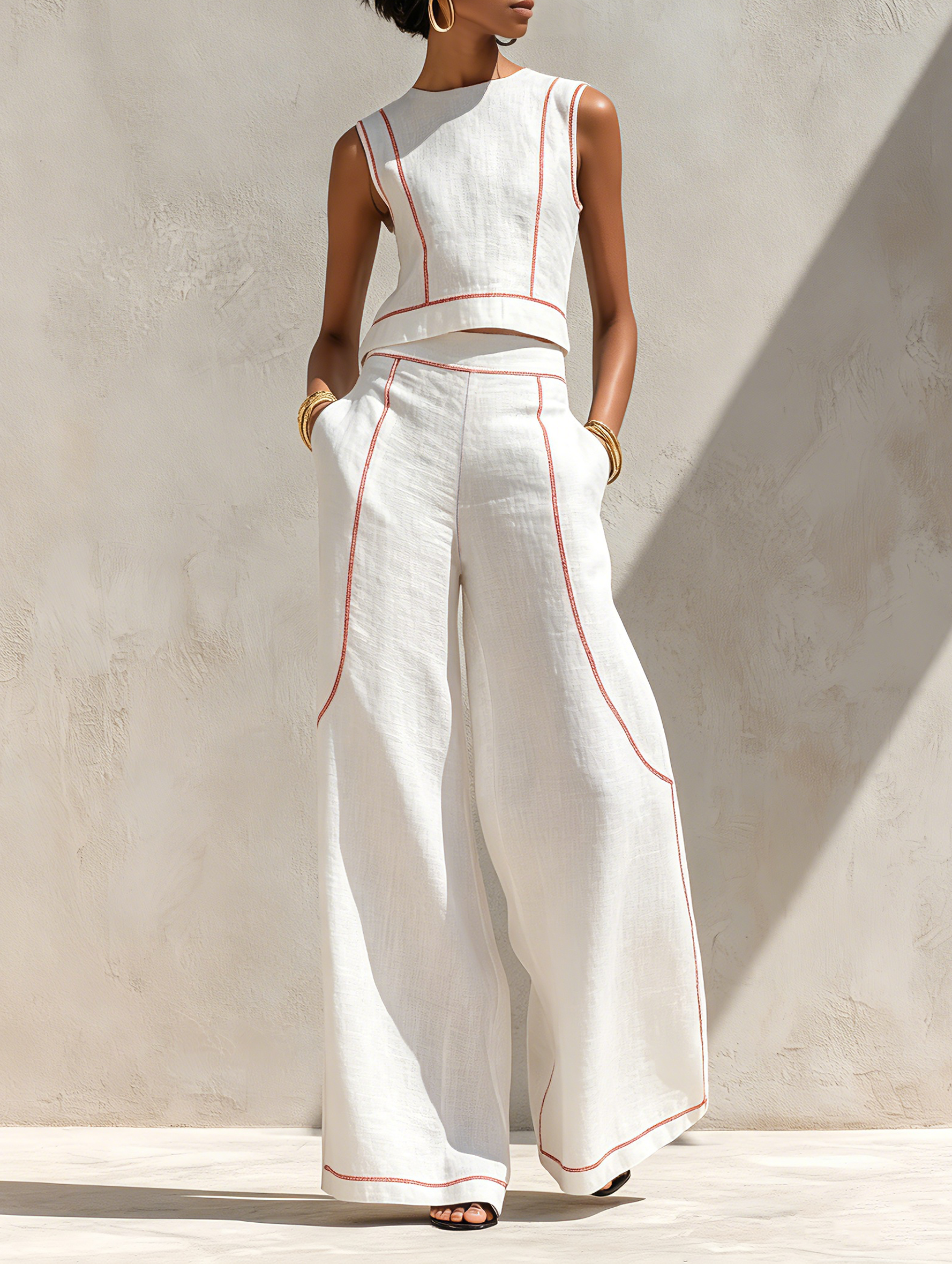 Faustine - Ensemble Blouse Minimaliste en Mélange de Lin à Coutures Contrastées & Pantalon à Jambes Larges