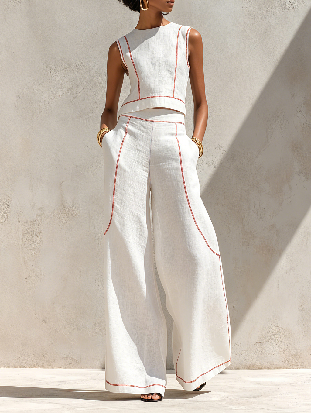 Chloe- Blouse Minimaliste en Mélange de Lin à Coutures Contrastées & Pantalon Large