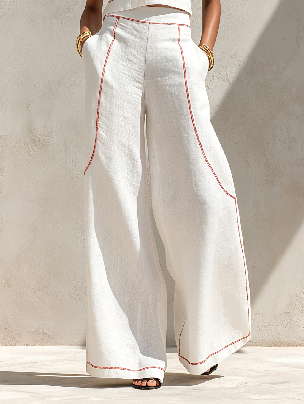 Faustine - Ensemble Blouse Minimaliste en Mélange de Lin à Coutures Contrastées & Pantalon à Jambes Larges