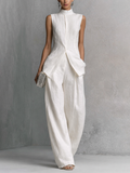Tiphaine - Ensemble de Top sans Manches en Lin et Coton Blanc Élégant et Pantalons à Jambes Amples