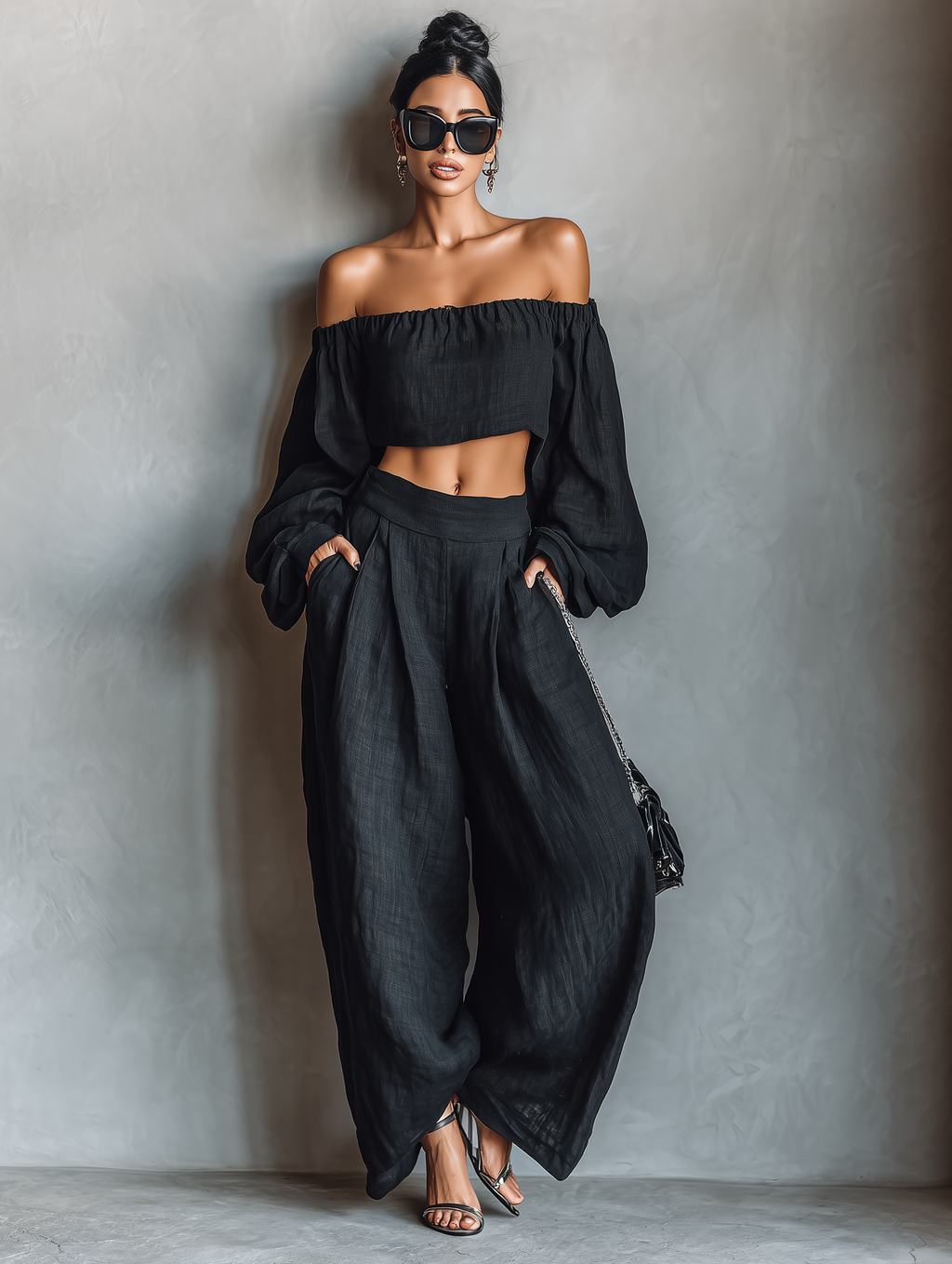 Laurine - Conjunto de lino con blusa elegante y pantalón ancho