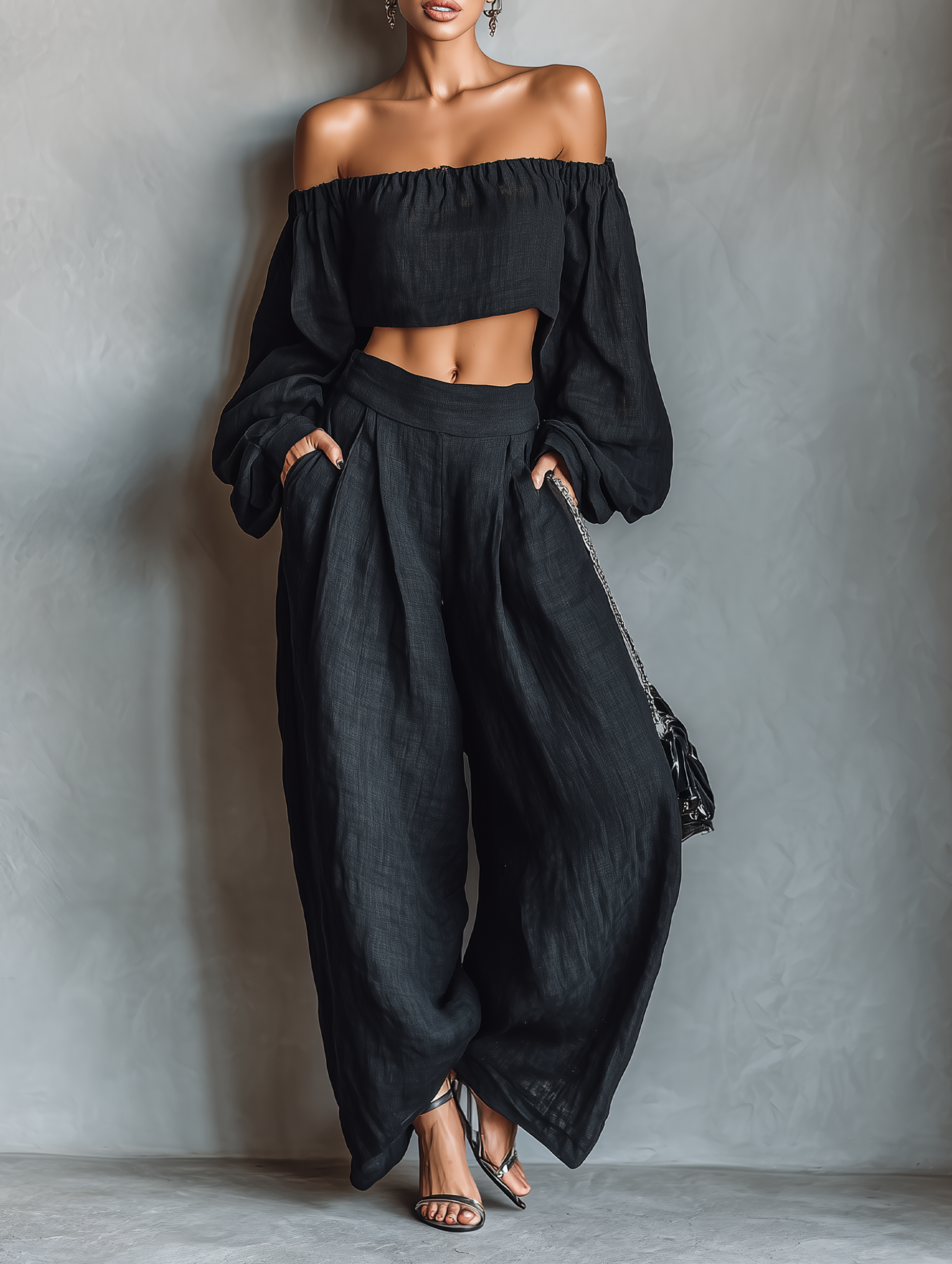 Laurine - Conjunto de lino con blusa elegante y pantalón ancho