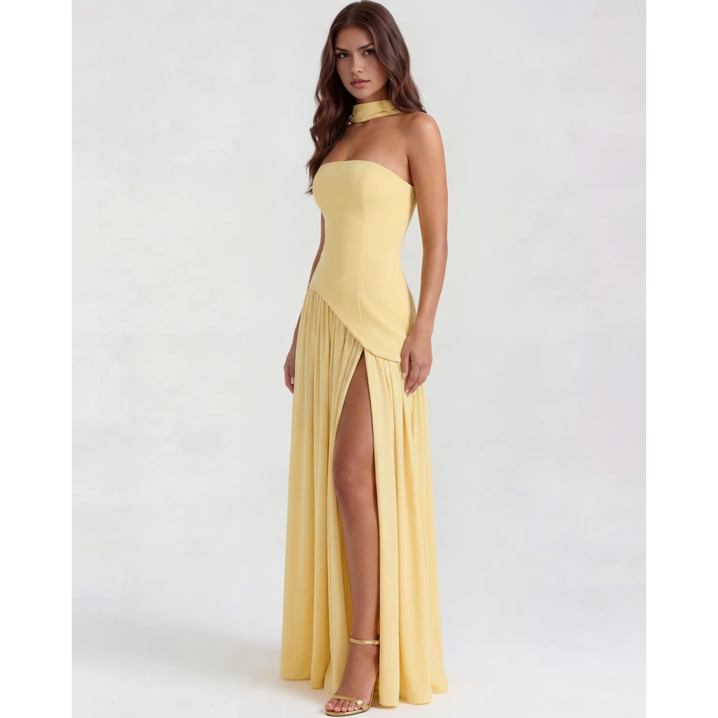 Velth| Vestido largo y elegante con cuello tipo bufanda