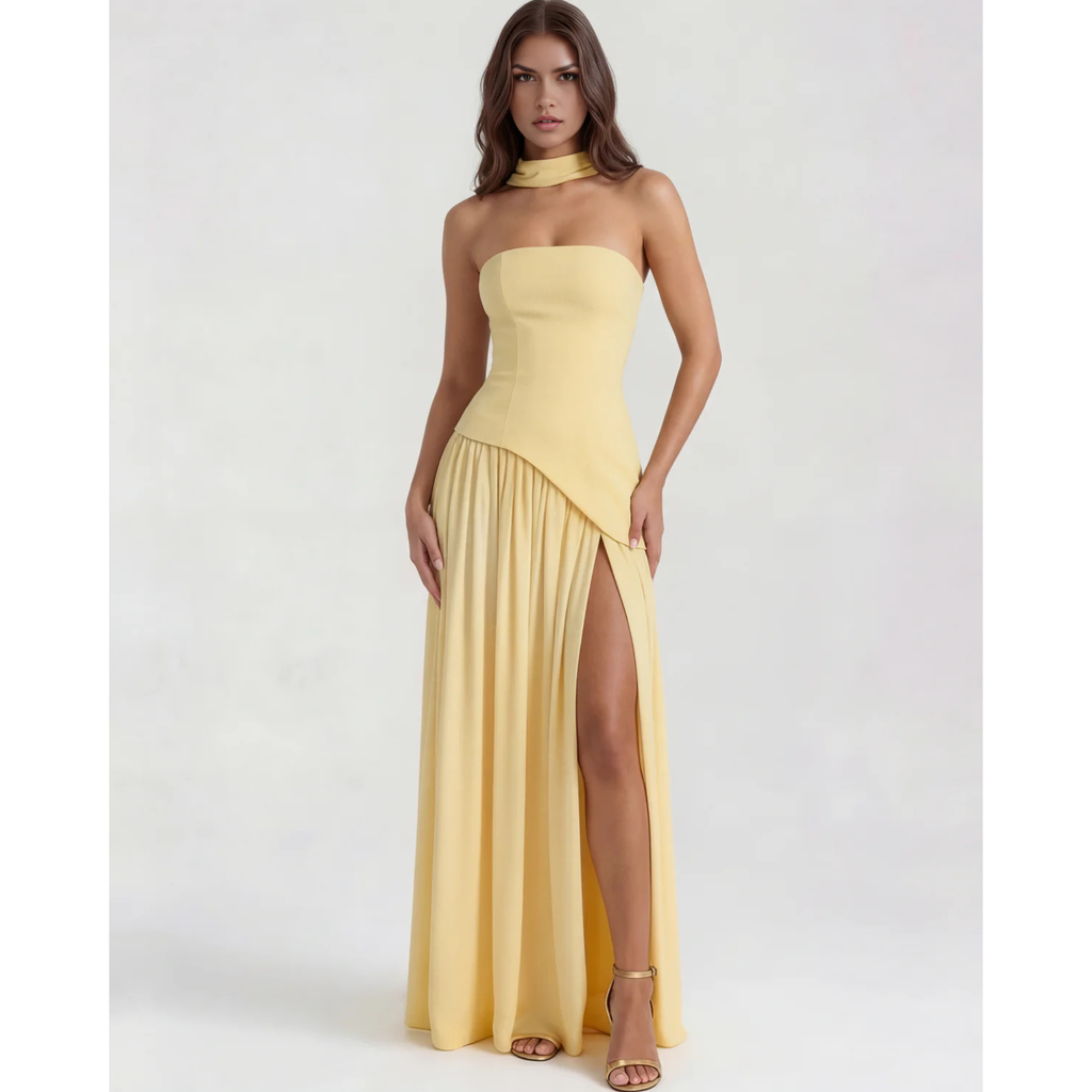 Velth| Vestido largo y elegante con cuello tipo bufanda