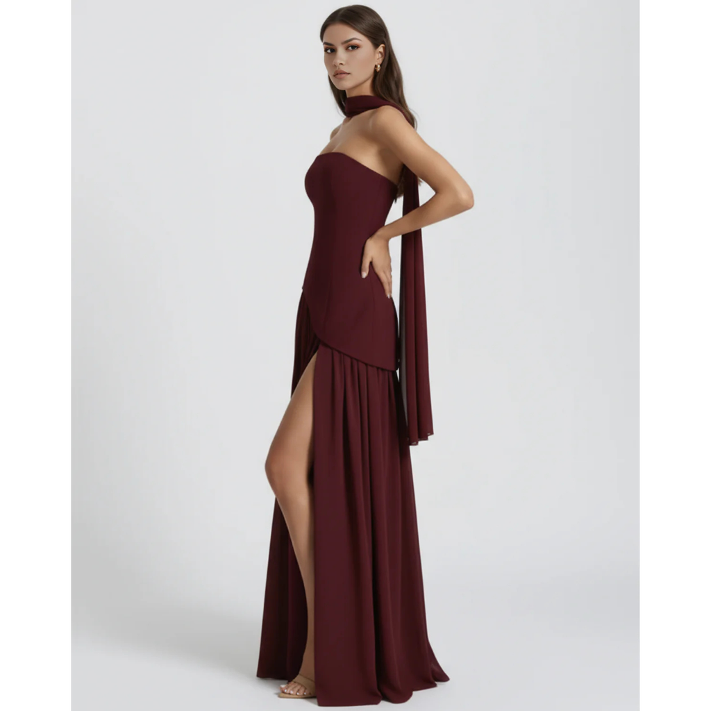 Velth| Vestido largo y elegante con cuello tipo bufanda