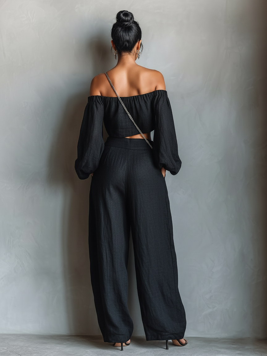 Laurine - Conjunto de lino con blusa elegante y pantalón ancho