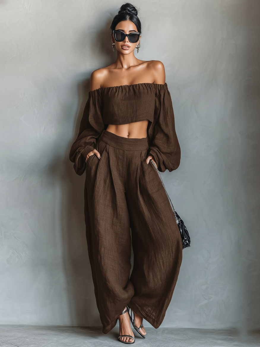 Laurine - Conjunto de lino con blusa elegante y pantalón ancho