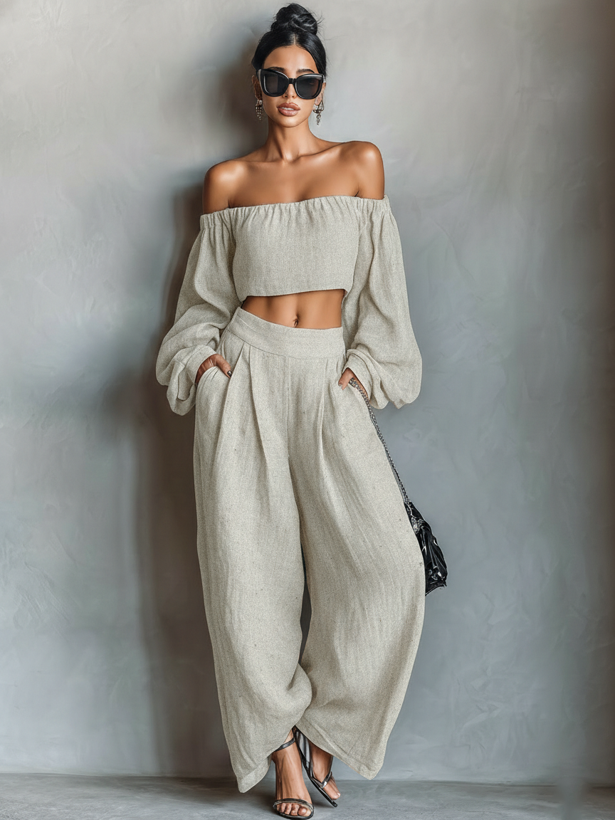 Laurine - Conjunto de lino con blusa elegante y pantalón ancho