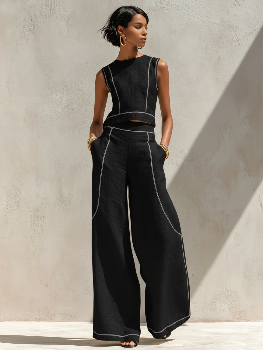 Faustine - Ensemble Blouse Minimaliste en Mélange de Lin à Coutures Contrastées & Pantalon à Jambes Larges