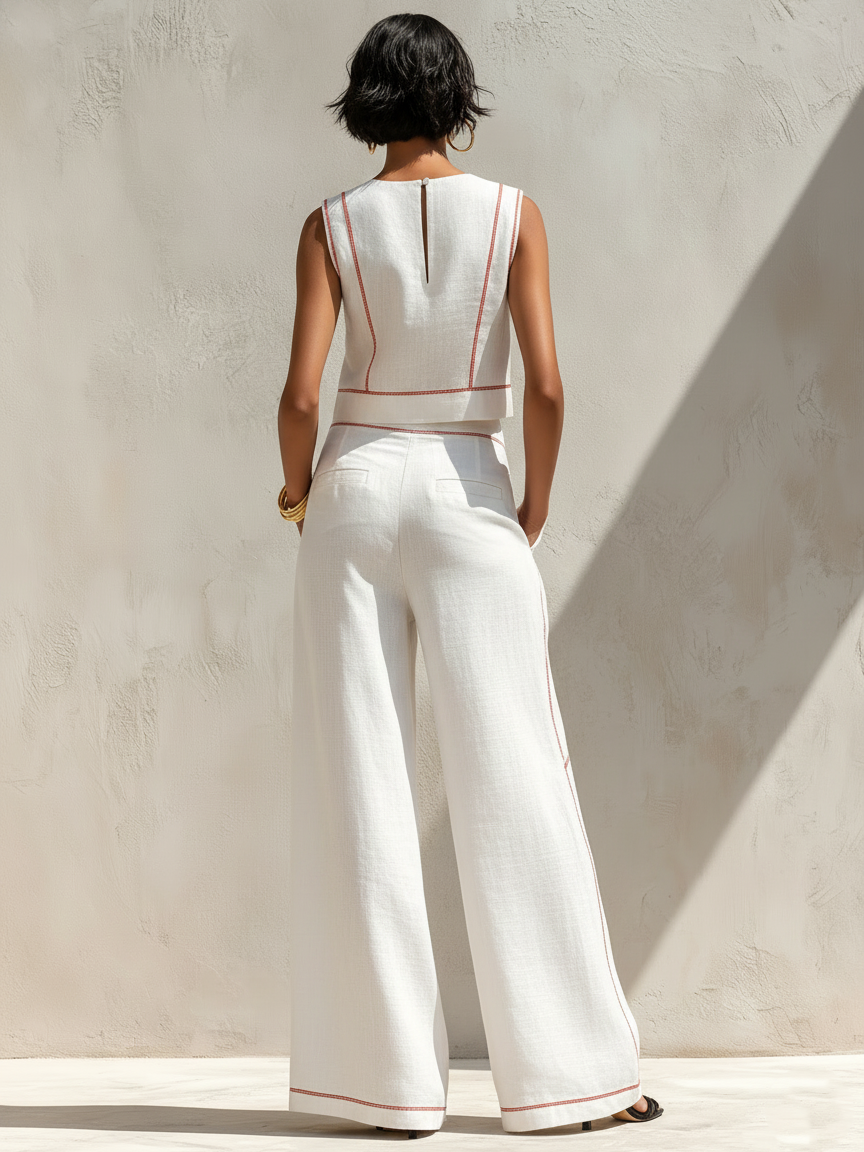 Faustine - Ensemble Blouse Minimaliste en Mélange de Lin à Coutures Contrastées & Pantalon à Jambes Larges