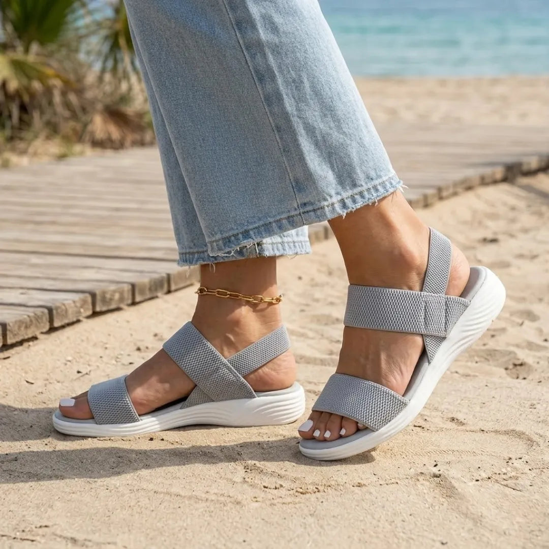 Irene Sandalias planas para mujer con tiras elásticas estilo romano