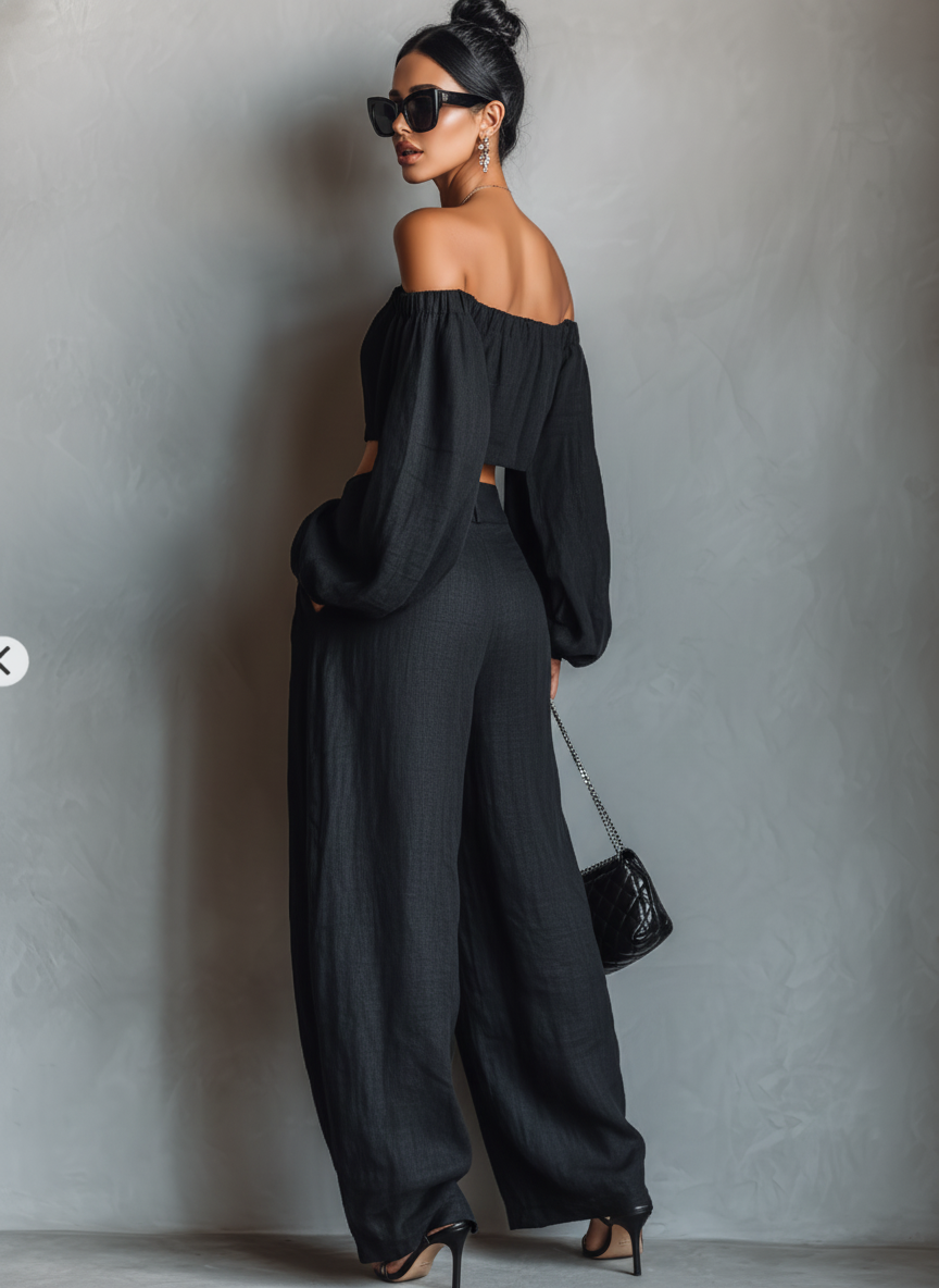 Laurine - Conjunto de lino con blusa elegante y pantalón ancho